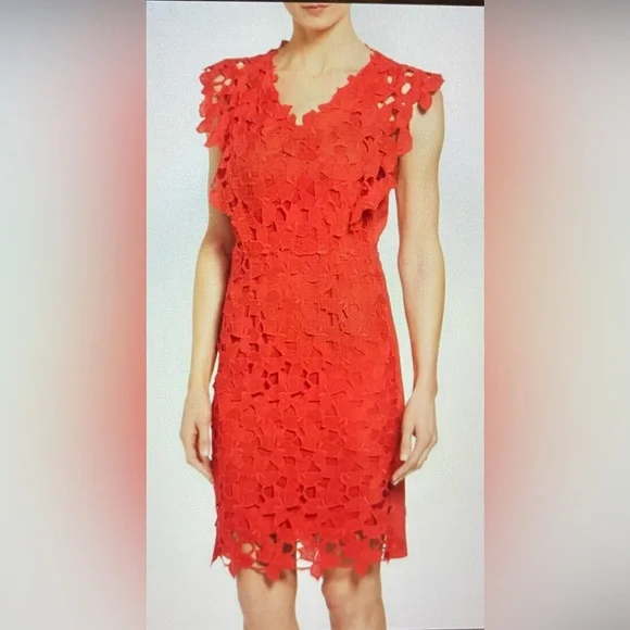 Elie Tahari Morgan Red Macrame Lace Overlay Dress - Picture 8 of 14